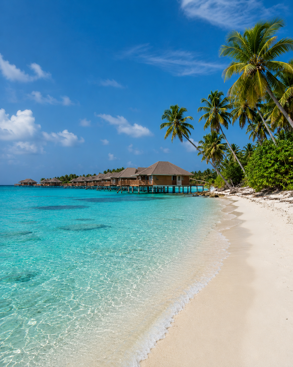 Tropical island beach with overwater villas and palm trees