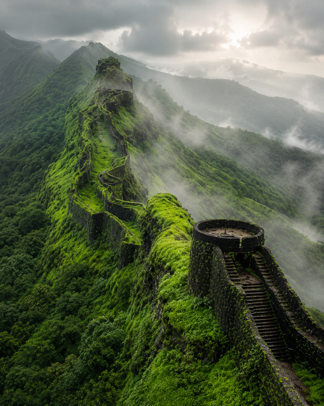 Misty Sahyadri fort ramparts winding along a green ridge